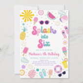 スプラッシュインシックスガールプールパーティー夏誕生日 招待状 (正面)
