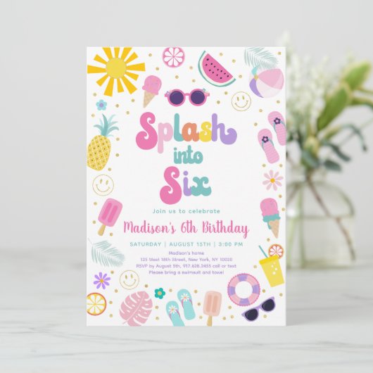 スプラッシュインシックスガールプールパーティー夏誕生日 招待状 (スタンド正面)