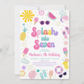 スプラッシュインセブンガールプールパーティー夏誕生日 招待状 (正面)