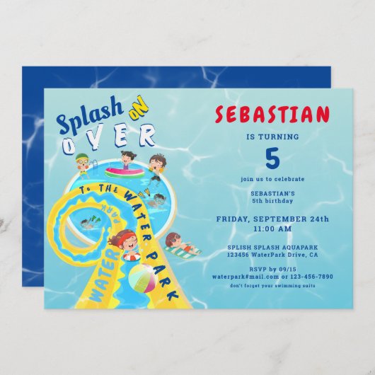 スプラッシュウォータースライドパーク夏の誕生日パーティー 招待状 (正面/裏面)