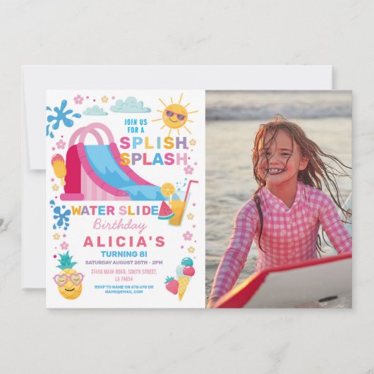 スプラッシュウォータースライド誕生日パーティーの写真 招待状 (正面)