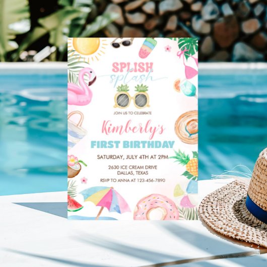 スプラッシュガールプールパーティーピンク 招待状
