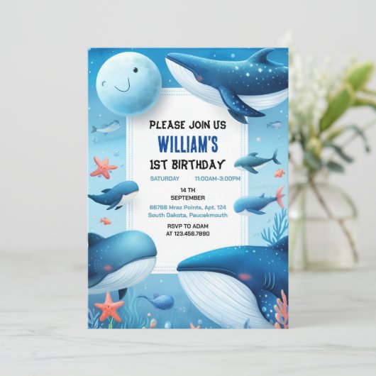 スプラッシュクールフィッシュシーブルーホエールシャーク1日の誕生日 招待状 (スタンド正面)