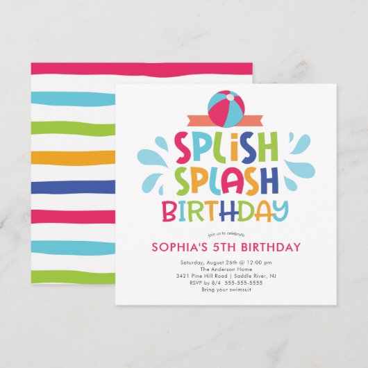スプラッシュサマープール誕生日招待状 招待状 (正面/裏面)