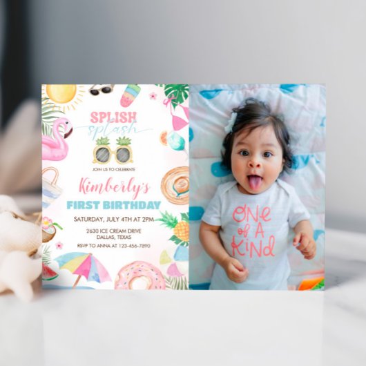 スプラッシュスプラッシュガールプールパーティーピンクフォト 招待状