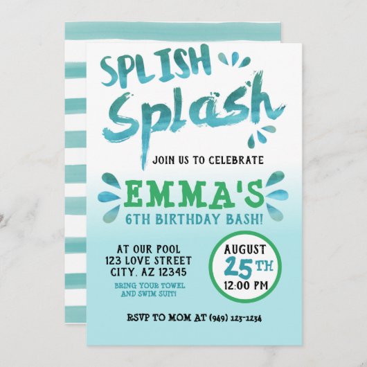 スプラッシュスプラッシュパークパーティーサマーボーイ誕生日 招待状 (正面/裏面)