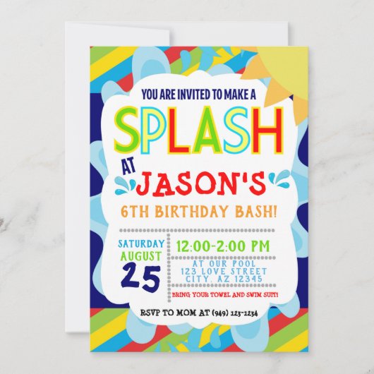 スプラッシュスプラッシュパークパーティーサマーボーイ誕生日 招待状 (正面)