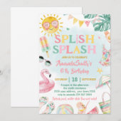 スプラッシュスプラッシュプールパーティーバッシュ ガール ピンク 誕生日 招待状 (正面/裏面)