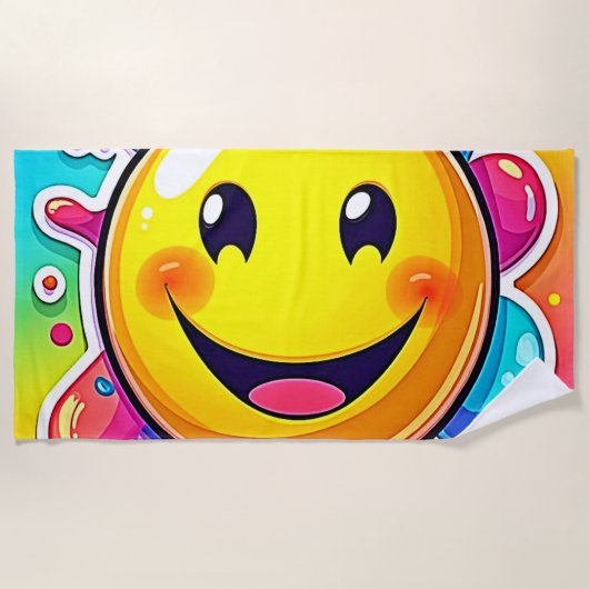 スプラッシュハッピーエモジおもしろい ビーチタオル (正面)