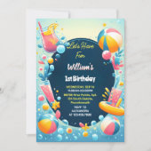 スプラッシュバブル夏のプールパーティーフォーム1st誕生日 招待状 (正面)