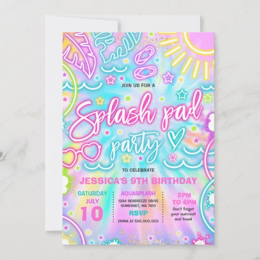 スプラッシュパッドウォーターパークバースデーパーティー絞り染めグロー 招待状 (正面)