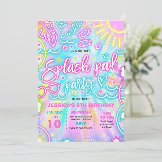 スプラッシュパッドウォーターパークバースデーパーティー絞り染めグロー 招待状 (スタンド正面)