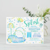 スプラッシュパッド招待状ウォーターパーク誕生日ボーイブルー 招待状 (スタンド正面)