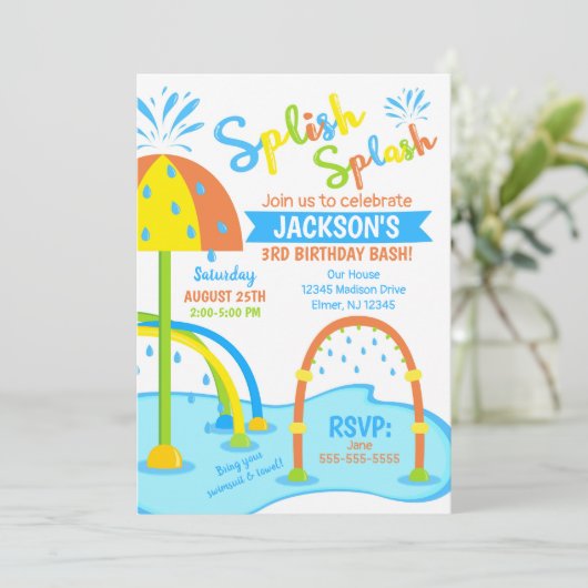 スプラッシュパッド誕生日招待状/ウォーターパーク/ボーイ 招待状 (スタンド正面)