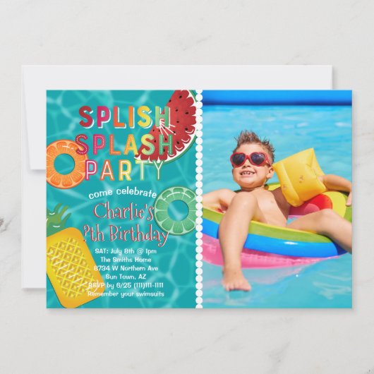 スプラッシュパーティー プール誕生日 夏のフルーツ 招待状 (正面)