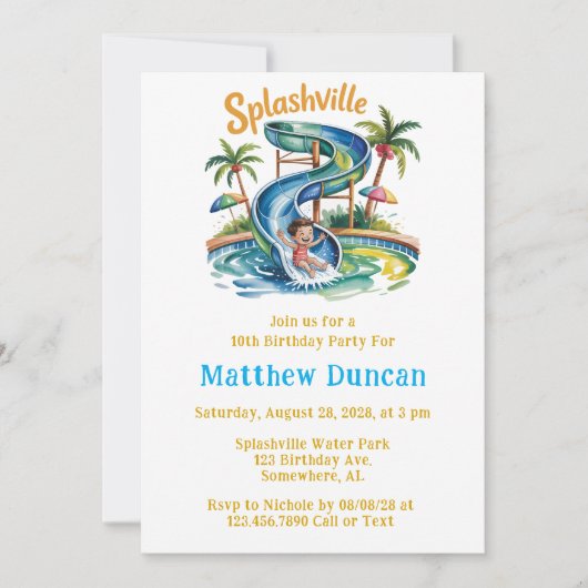 スプラッシュビルウォータースライドボーイバースデーパーティー 招待状 (正面)