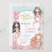 スプラッシュピンクシーマーメイドバッシュ誕生日女の子 招待状 (正面)