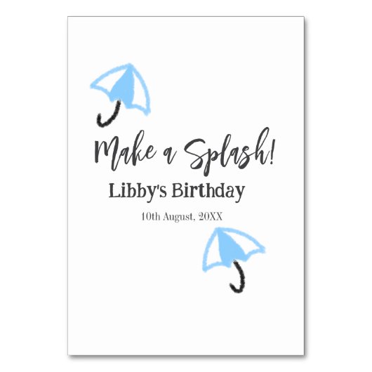 スプラッシュブルーの傘の夏のプールの誕生日p テーブルナンバー (正面)