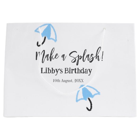 スプラッシュブルーの傘の夏のプールの誕生日p ラージペーパーバッグ (正面)