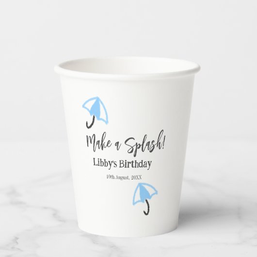 スプラッシュブルーの傘の夏のプールの誕生日p 紙コップ (正面)