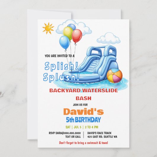 スプラッシュプールパーティーウォータースライド誕生日 招待状 (正面)