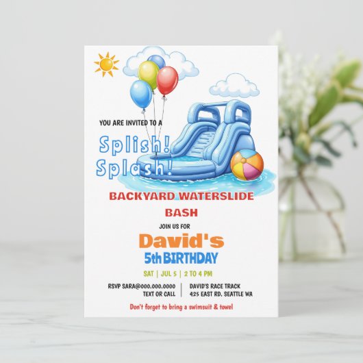 スプラッシュプールパーティーウォータースライド誕生日 招待状 (スタンド正面)
