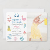 スプラッシュプールパーティーガールフォト誕生日 招待状 (正面)