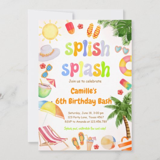 スプラッシュプールパーティーバッシュ誕生日 招待状 (正面)