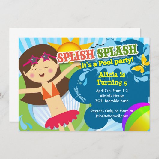 スプラッシュプールパーティー誕生日パーティーの招待 招待状 (正面/裏面)