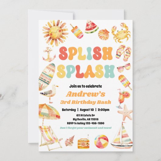スプラッシュプールパーティー誕生日招待状 招待状 (正面)