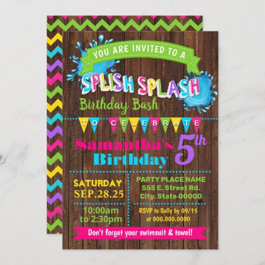 スプラッシュホットピンクの誕生日の夏のバッシュパーティー 招待状 (正面/裏面)