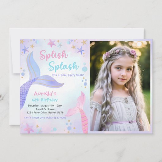 スプラッシュマーメイドガール4th誕生日の写真 招待状 (正面)