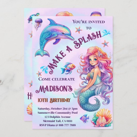 スプラッシュマーメイドパステル誕生日パーティーをする 招待状 (正面/裏面)