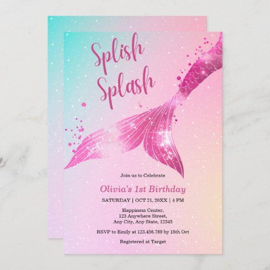 スプラッシュマーメイドベビーガール1st誕生日 招待状 (正面/裏面)