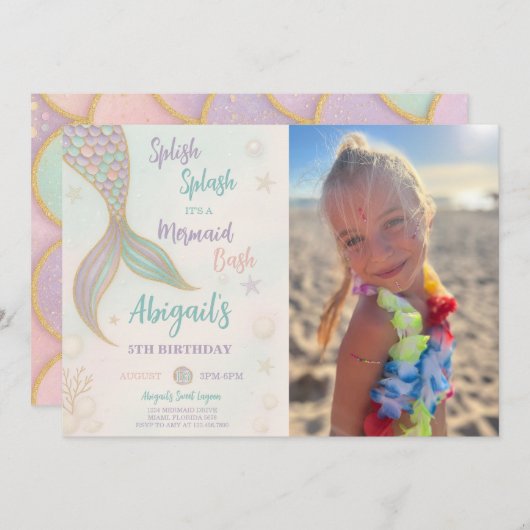 スプラッシュマーメイド誕生日写真招待状 招待状 (正面/裏面)