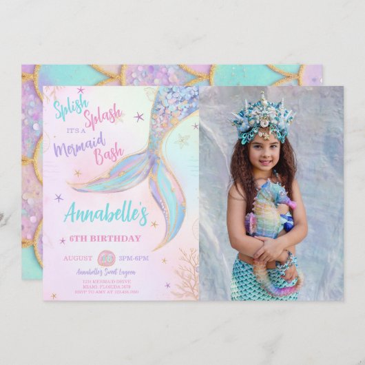 スプラッシュマーメイド誕生日写真招待状 招待状 (正面/裏面)