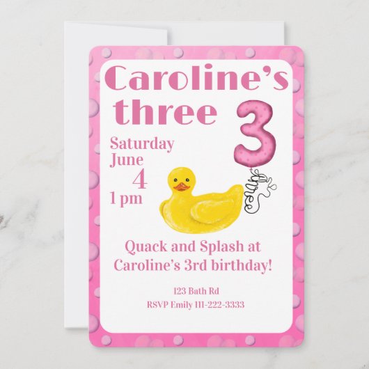 スプラッシュラバーダック3歳の誕生日招待状 招待状 (正面)