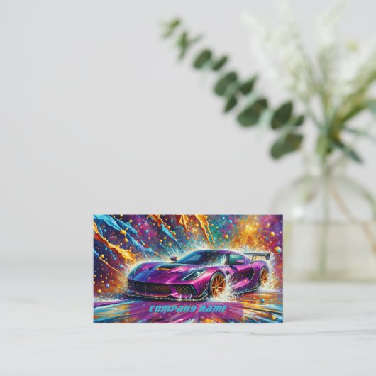 スプラッシュ付き紫のカラフル散形跡 名刺 (スタンド正面)