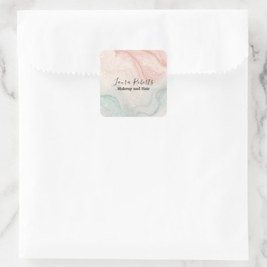 スプラッシュ液体グリッターピンクマーブルスクエアステッカー スクエアシール (バッグ)