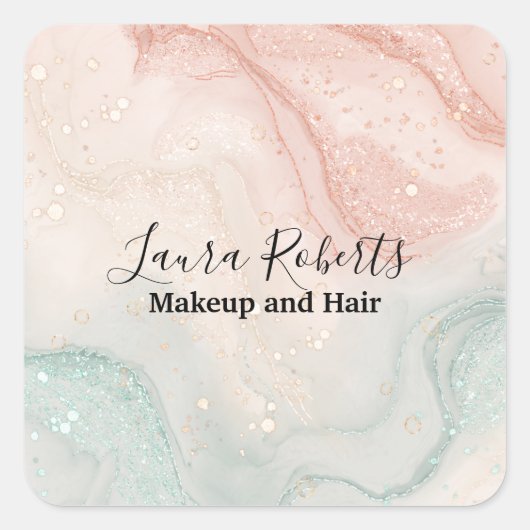 スプラッシュ液体グリッターピンクマーブルスクエアステッカー スクエアシール (正面)