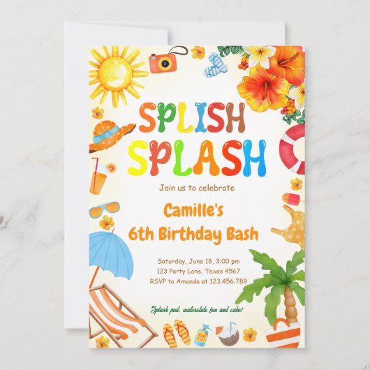 スプラッシュ誕生日Bashプールパーティー 招待状 (正面)