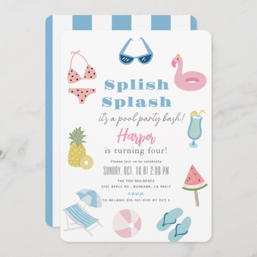 スプラッシュ スプラッシュ サマー プール パーティー ガール 誕生日 招待状 (正面/裏面)