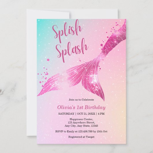 スプラッシュ・スプラッシュ！マーメイドベイビーガール１歳の誕生日 招待状 (正面)