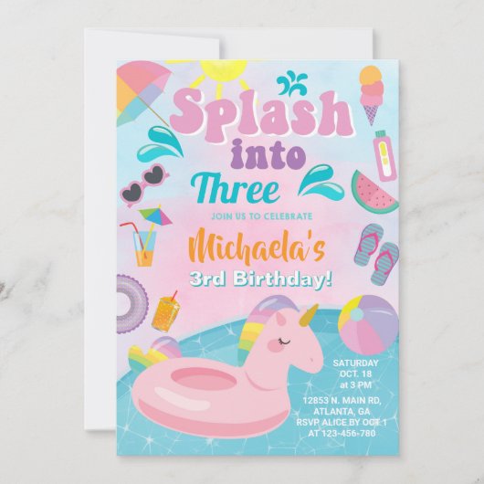 スプラッシュ!トゥ・スリー・プールパーティー誕生日招待状 招待状 (正面)