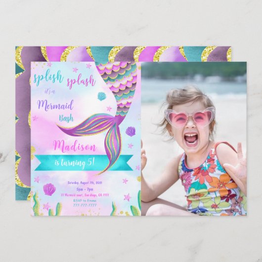 スプラッシュ！マーメイドの写真招待状 招待状 (正面/裏面)