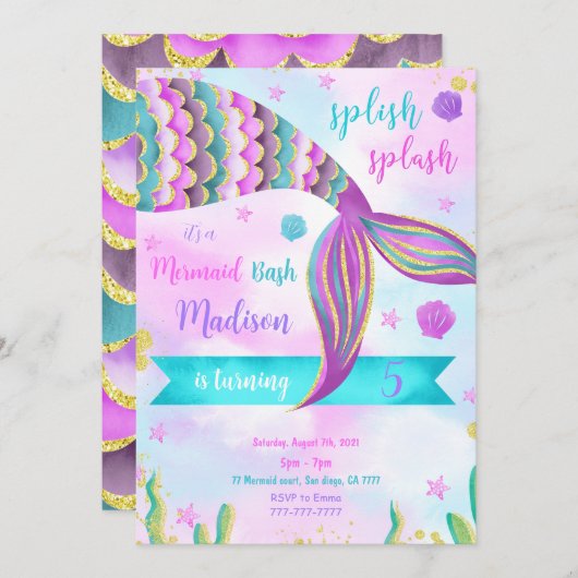 スプラッシュ!マーメイドの誕生日パーティー招待状 招待状 (正面/裏面)