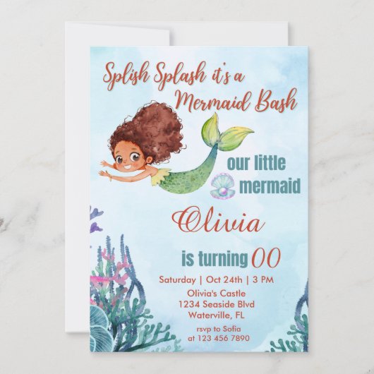 スプラッシュMermaid Bash Brown任意の年齢の誕生日 招待状 (正面)