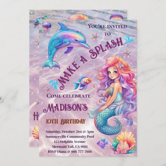 スプラッシュMermaid Sparkle誕生日パーティーをする 招待状 (正面/裏面)