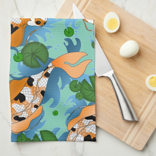 スプラッシングコイフィッシュアンドポンドリリーカスタムズ キッチンタオル (四つ折り)