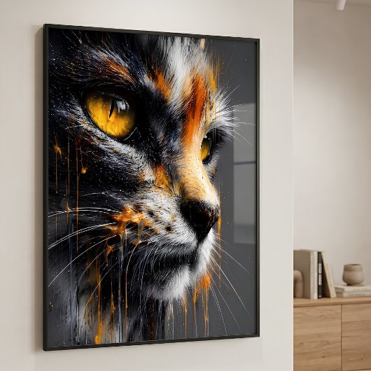 スプラッターアートの猫の肖像画 オレンジとグレー ポスター